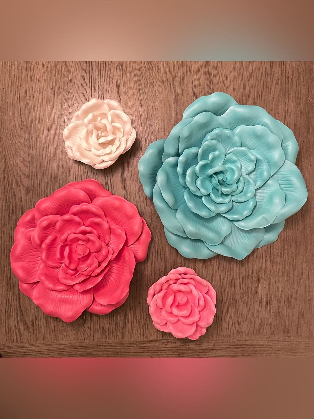 Flower wall decor, 4 total flowers, teal, white, light pink & dark pink.